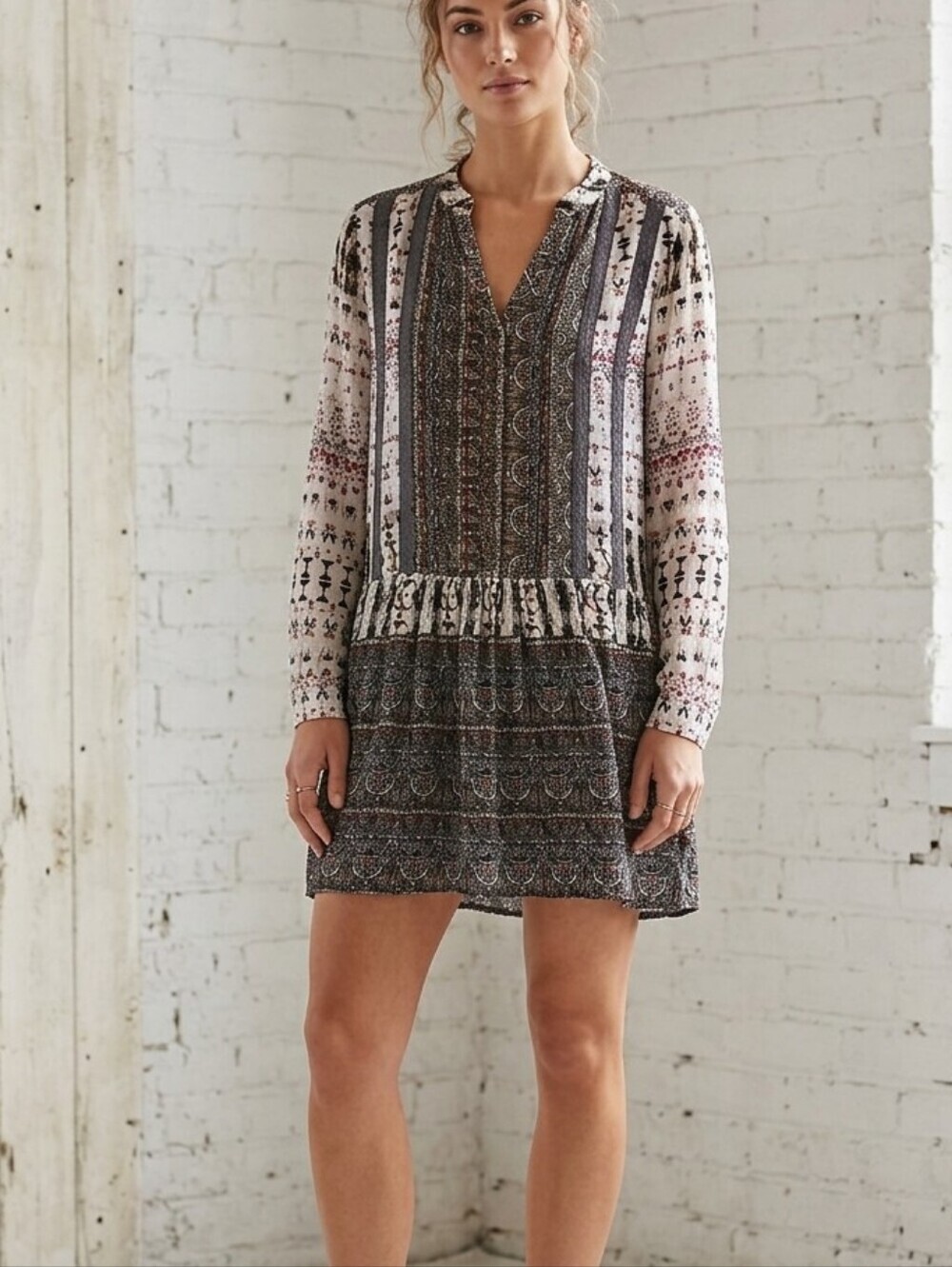 Tiny (Anthropologie) Boho Mixed Print Drop-Waist Tunic Dress Women's Size Medium